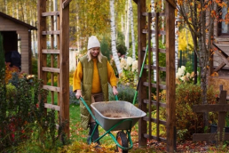 A woman pushes a wheelbarrow in an autumnal garden